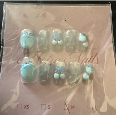 Press-On Nails 3D Bow Pre-Designed Full Cover Clear Blue White Square