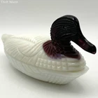Pressed Glass Duck Covered Dish White Milk Glass Amethyst Head Vintage 10 In