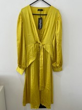 Boohoo Midi Skater Dress UK 14 Yellow Satin Wrap Tie Front Draped Sleeved V-Neck