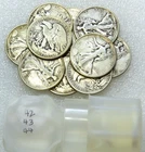 1942, 1943, 1944 Walking Liberty Silver Half Dollar 1/2 Roll 10 coins/tube #N323