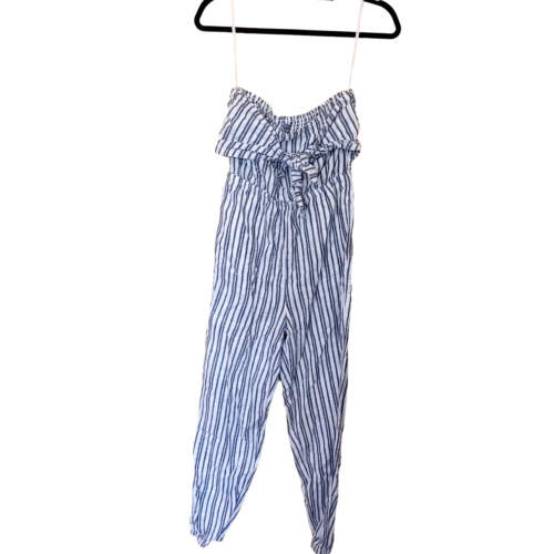Aerie Small Size S Blue White Pinstripe Jumpsuit Sleeveless Pockets Bow - Picture 1 of 9