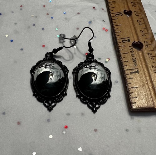 NEW Black Crow Moon Earrings Alternative Gothic Mystic Gift Halloween 1.8x.8 - Picture 3 of 7