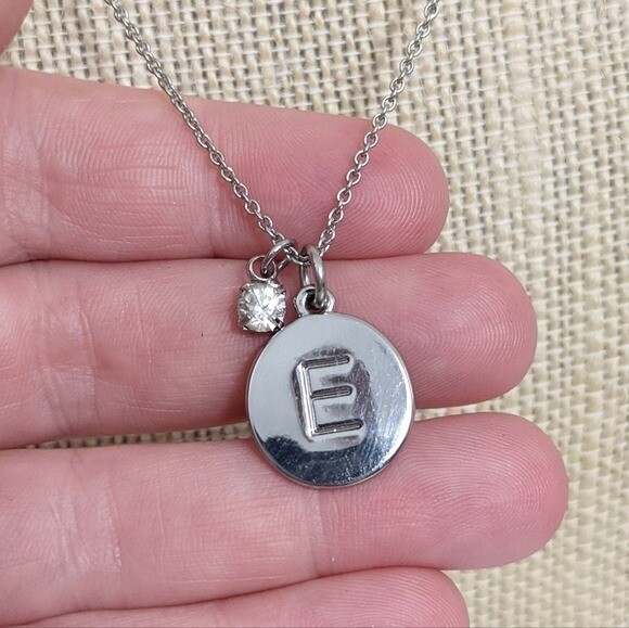 Letter E initial round disc silver toned pendant … - image 2