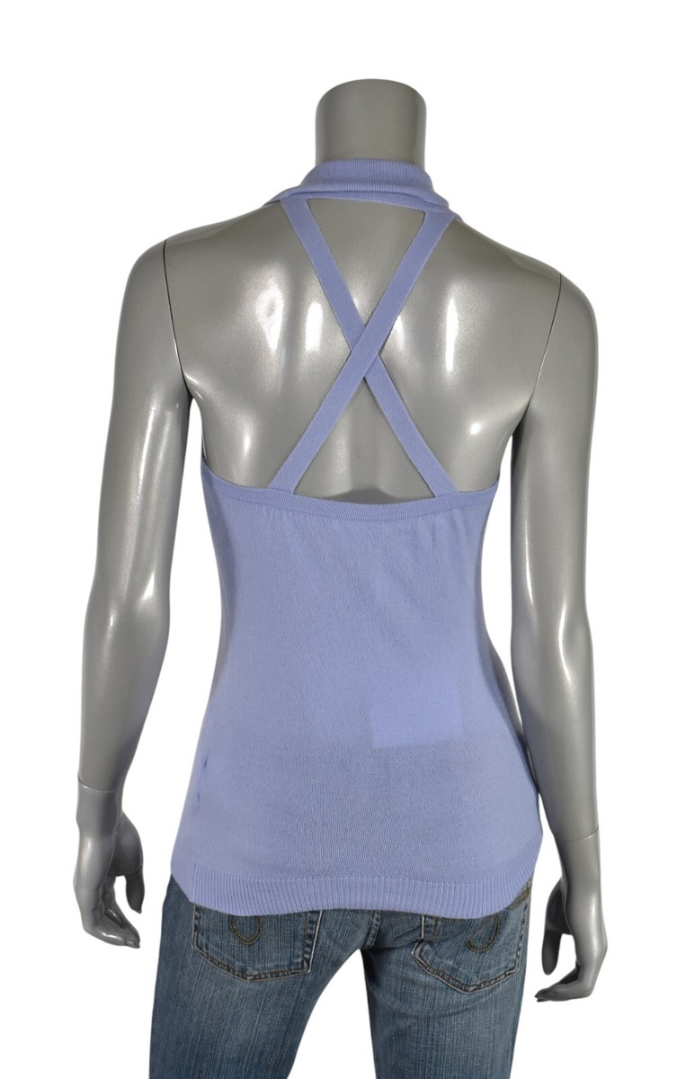 Women's Emilio Pucci Blue Halter Collar Henley Cashmere Tank Shirt