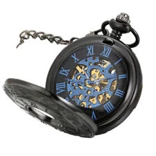 Vintage Men Skeleton Hand-Winding Mechanical Pocket Watch Chain Black Tone Case