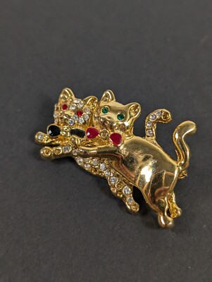 Vintage Cat Brooch Two Cats Jumping Couple Rhinestones 80's 90's Jeweled Repair