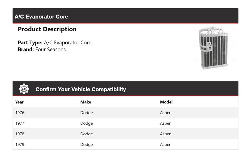 Para Dodge Aspen 1976-1979 A/C Evaporador Núcleo 4 Temporadas 1977 1978 Foto 2 de 4