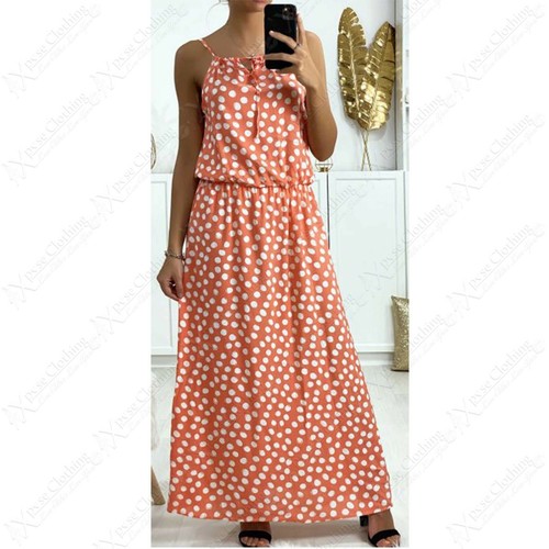 LADIES POLKA DOT MAXI DRESS WOMENS THIN STRAP TOP LONG SKIRT SUMMER LOOK ROBE - Picture 10 of 11