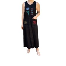 Vintage 90s Womens Black Linen Sleeveless Geometric Beach Hippy Maxi Dress Sz S