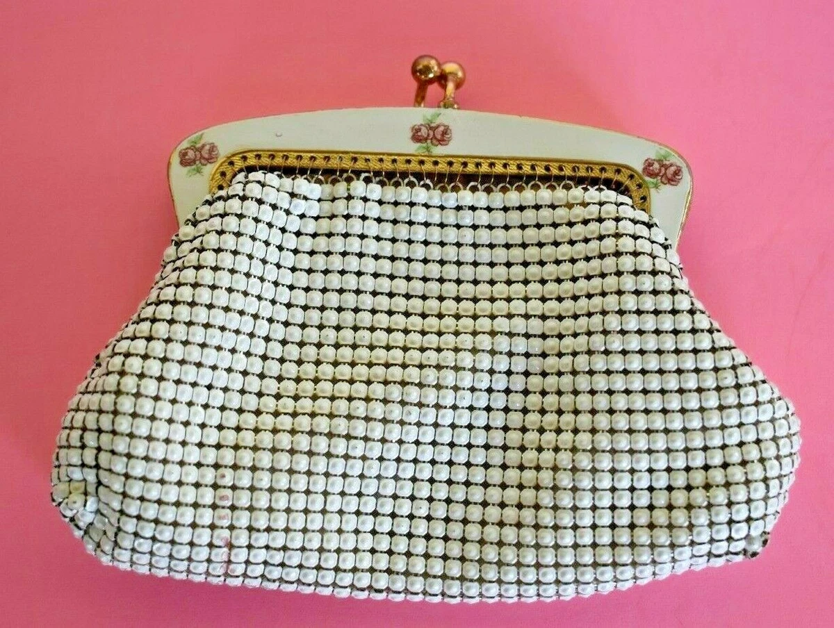 VINTAGE Oroton White METAL MESH w Enamel Roses PETITE COIN PURSE WEST GERMANY