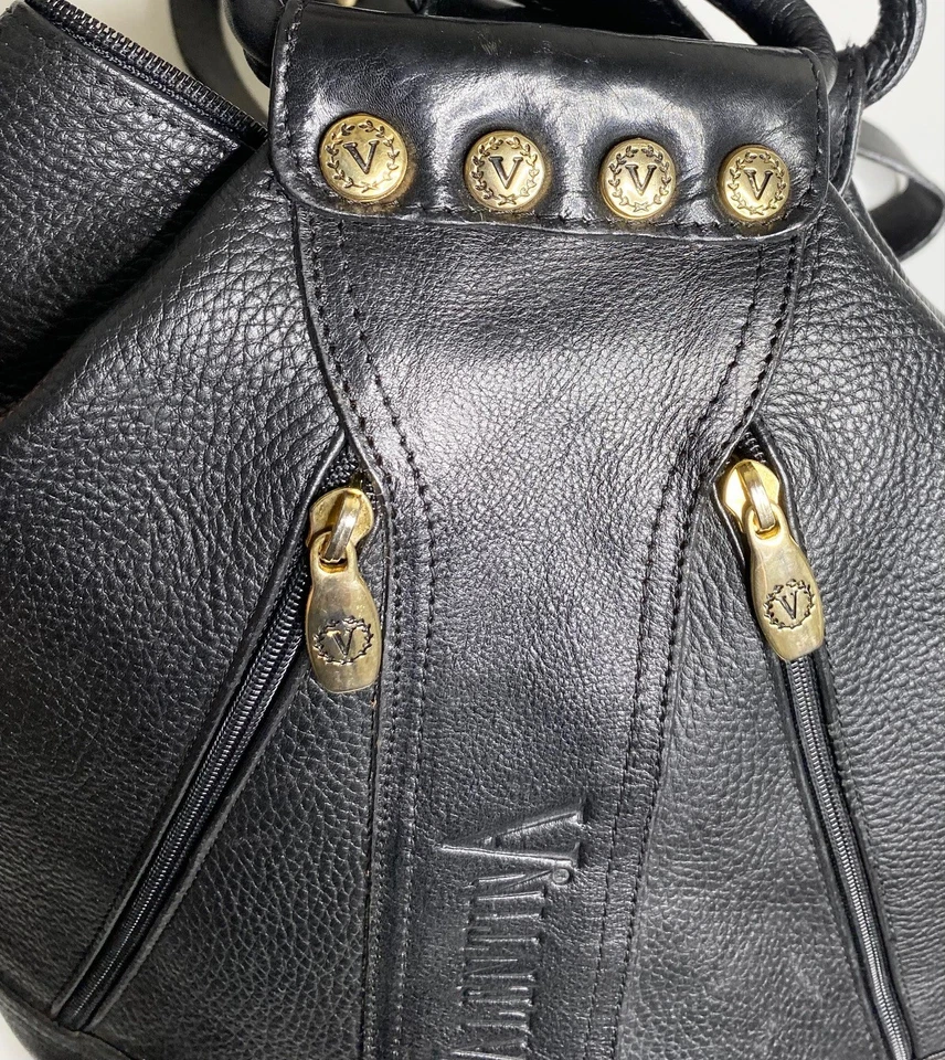 Mochila de Mano Convertible VALENTINA Italia Cuero Negro Dorado Tachonado Asa Superior Foto 3 de 4