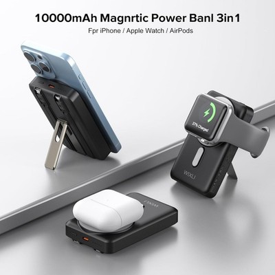 Wireless Portable Charger, 3-in-1 Magnetic Power Bank 10000mAh with Stand