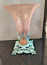Vintage hand-blown pink bubble glass ornate verdigris epergne vase - Art Nouveau