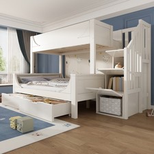 Bunk Bed Three Sleeper Bed Frame Solid Pine Wood Single Double for Kids Children