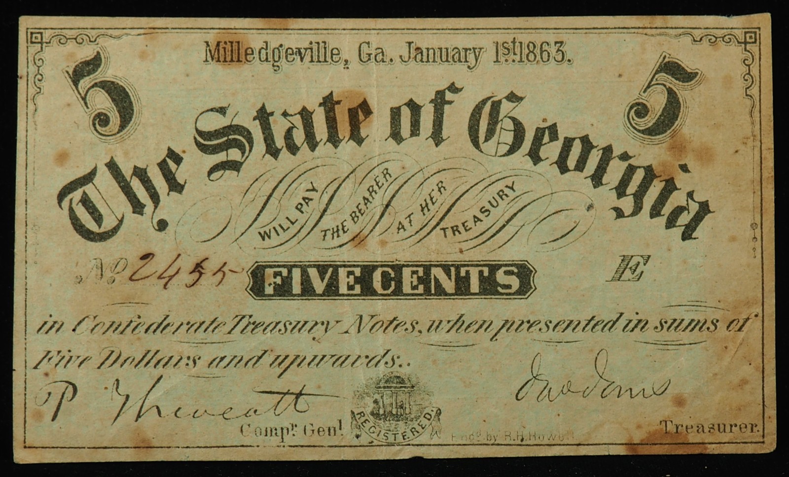 1863 State of Georgia 5c Unique Back VF