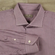 Canali 1934 Dress Shirt Men's Size 18 Red Blue Micro Plaid Spread Collar Italy