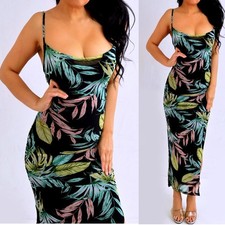 Black Green Pink Tropical Leaves Mesh Ruch Bodycon Midi Dress S Small NEW