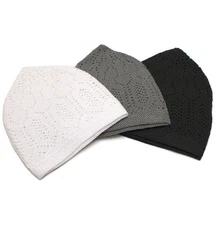 Islamic Men's Knit Kufi Cap | Combo Set of 3 - White, Gray, & Black(PACK OF 3)