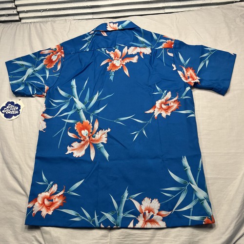 Hilo Hattie Shirt Mens Medium Blue Floral Hawaiian Button Up Aloha Bamboo Print - Picture 5 of 8