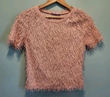 Zara Pink Shaggy Fuzzy Fringe Short Sleeve Stretch Crop Top Sz S