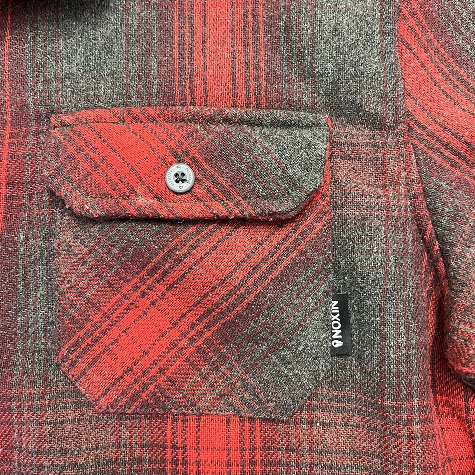 Camisa masculina Nixon média vermelha cinza xadrez flanela manga longa botão para baixo roupa de trabalho - Imagem 2 de 4
