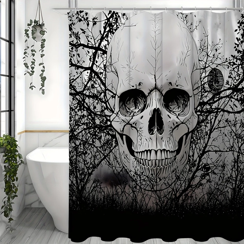 Calavera Cortina de Ducha Espeluznante Cortinas de Ducha Negro Árbol de Miedo Esqueleto Gótico Foto 2 de 4