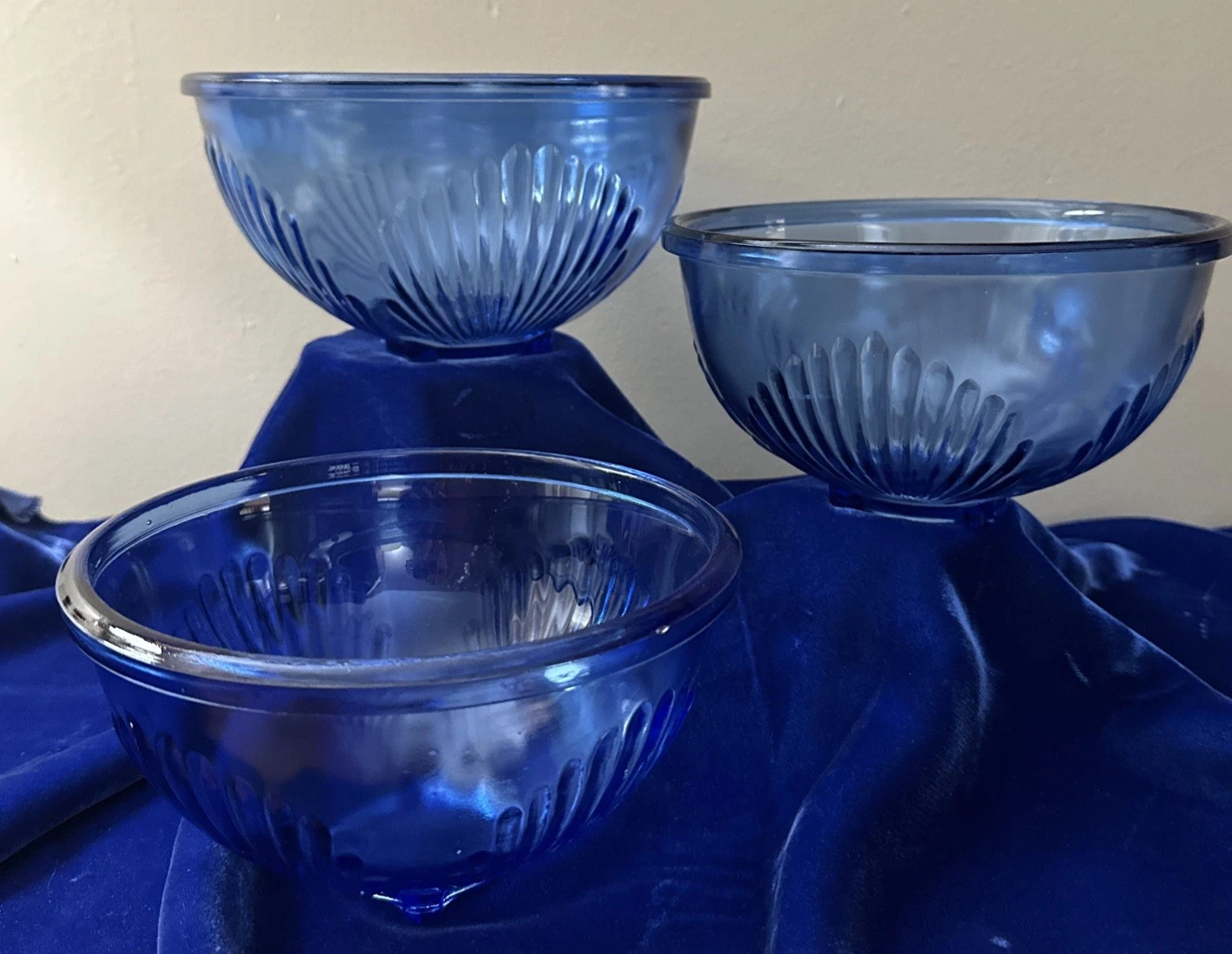 Vintage Hazel Atlas Cobalt Blue Seashell Glass Mixing Bowls - Set of 3