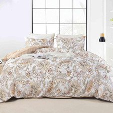 Paisley Comforter Set King Size 3 Pcs, Tan Taupe Classy Boho Damask Printed Patt