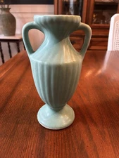 Vintage Green Pottery Two Handled Vase 