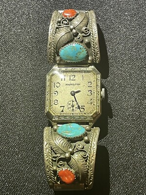 1927  Hamilton Watch With Turquoise & Coral Stones In Wristband (Not Working)