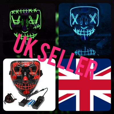 NEU Purge LED Neon Face Glow Maske Halloween Leucht Kostüm Kleid Party Masken