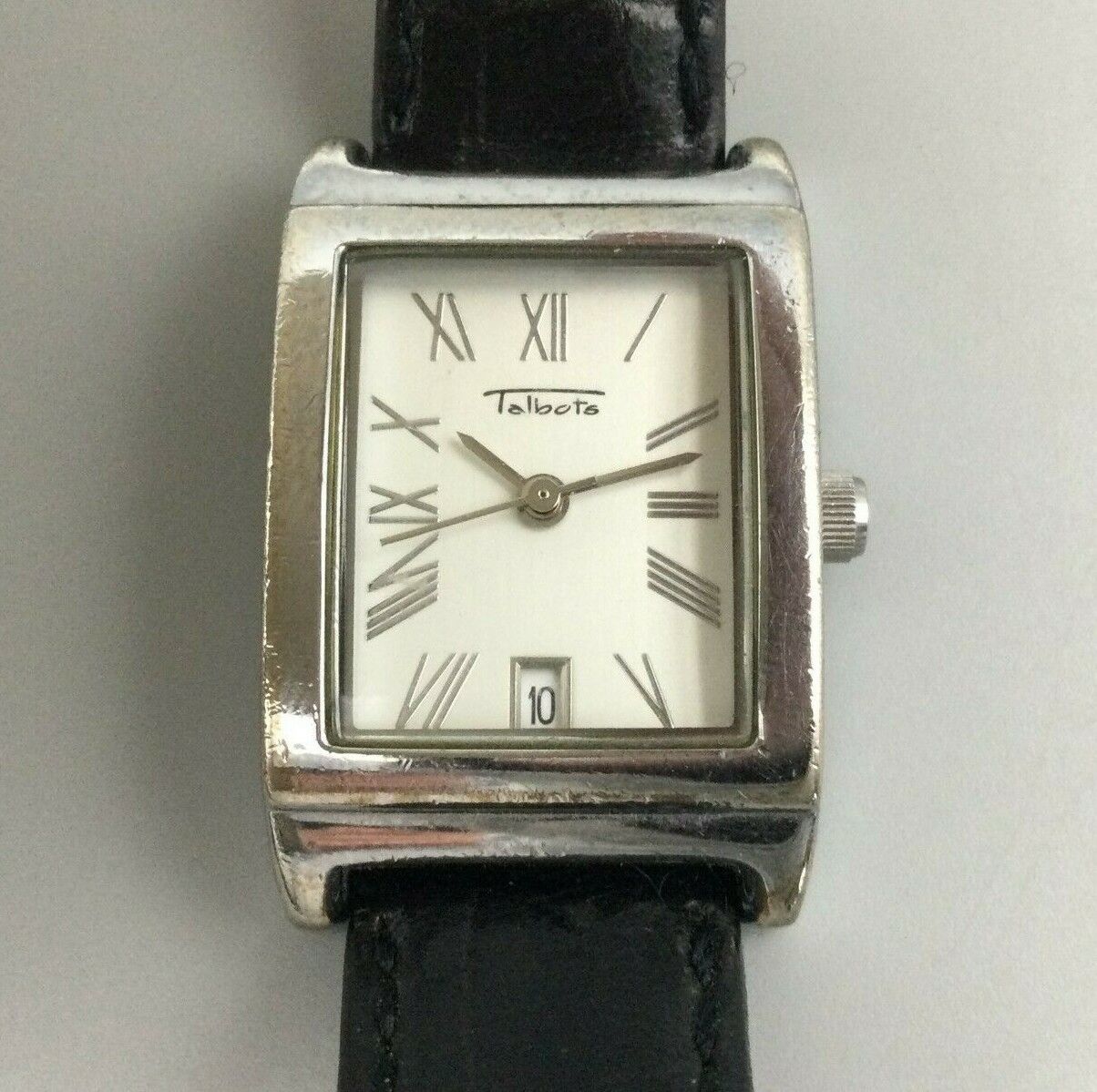 Talbots Watch Women Silver Tone Date Rectangle Black Leather Band New Battery 