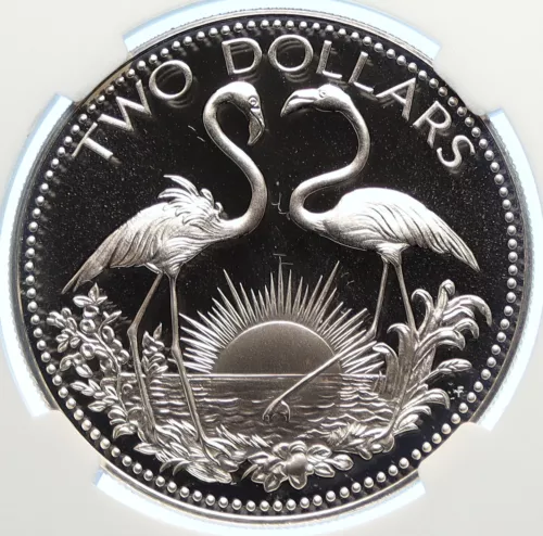 1974 THE BAHAMAS Bohemian Arms FLAMINGOS Proof Silver 2 Dollar Coin NGC i106383