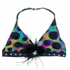 Custome Bra Top Dance Costume Child Large Iridescent Rhinestones Black Rainbow