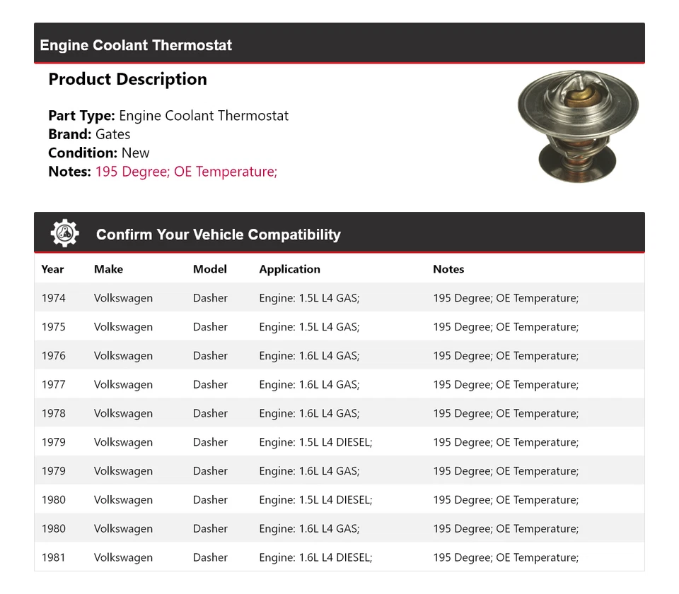 Para Volkswagen 1974-1981 Motor Dasher Refrigerante Termostato Puertas 1975 1976 1977 Foto 2 de 4