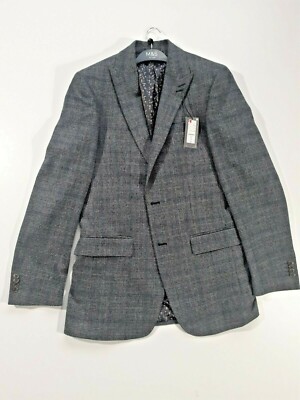 M&S Blazer Sakko Herren 38 L grau blau kariert Wollmischung Smart formell