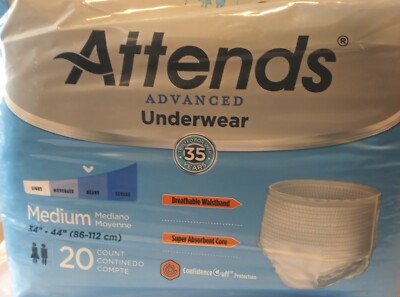 ATTENDS advanced UNDERWEAR heavy MEDIUM 34''-44'' 20 Count. NEW. Adults. Unisex.