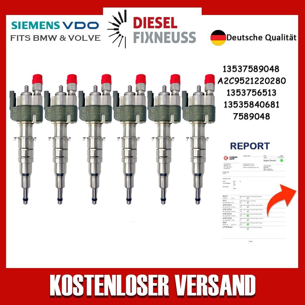 6x Inyector VDO 13537565137 N43 N53 BMW Gasolina 13537589048-08