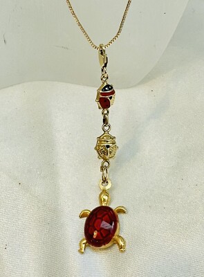 Vintage - 14k Gelbgold rot emailliert Marienkäfer & Schildkröte Anhänger + gratis Halskette