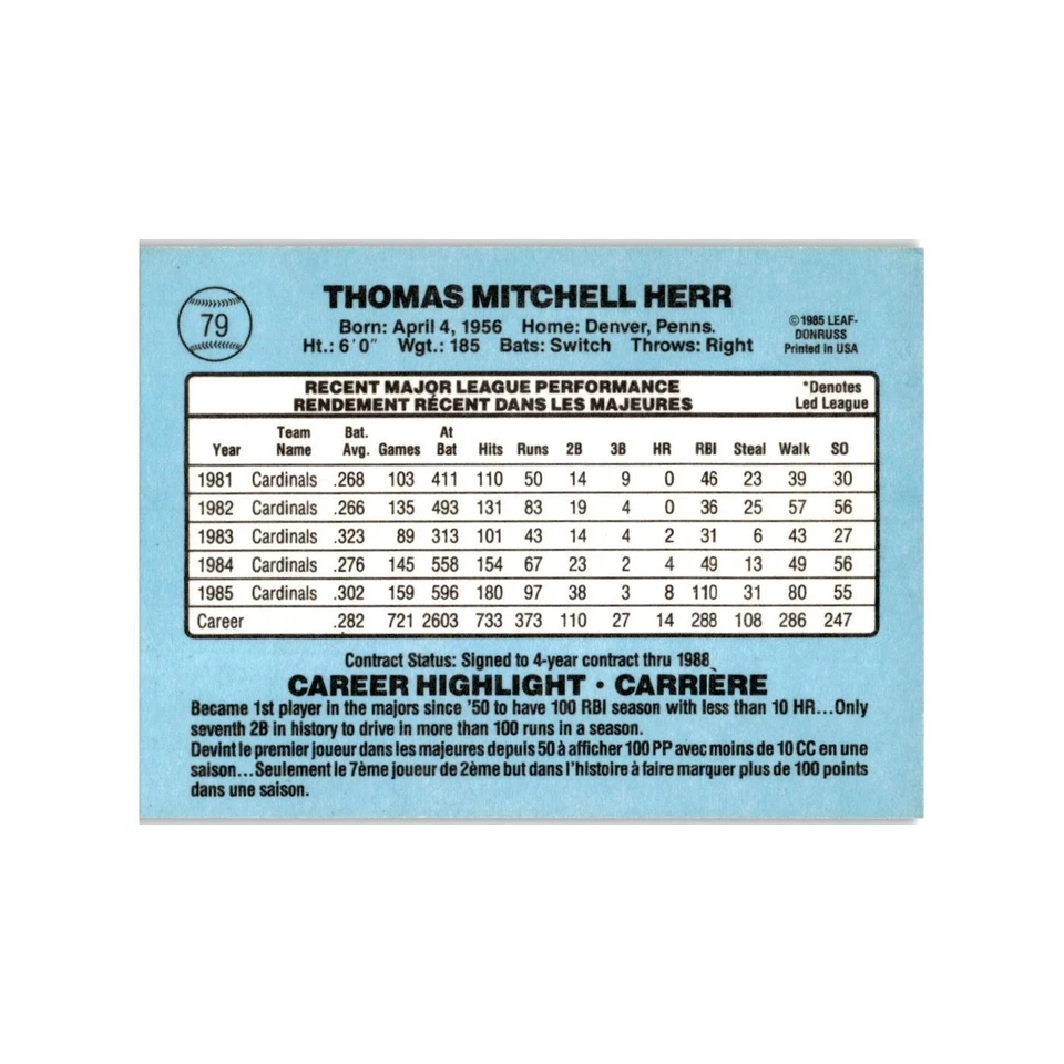 Tommy Herr 1986 Leaf #79 St. Louis Cardinals Baseball Card NM - Image 2 of 3