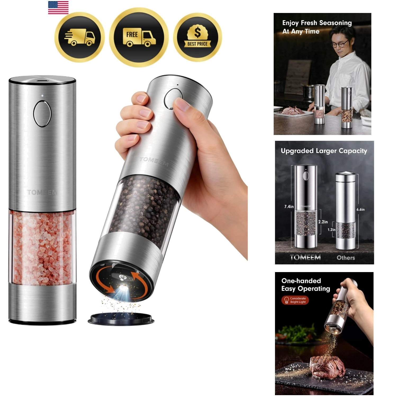 Upgraded Larger Capacity Electric Salt and Pepper Grinder Set Rechargeable wi...