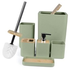 Bamboo Bathroom Accessories Set 6 Piece Square Spiral Set, Complete Set Green