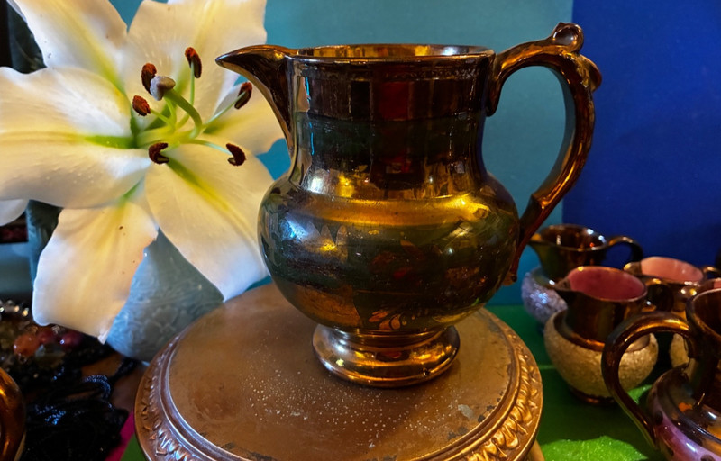 RICH DEEP GREEN Victorian 1800s ANTIQUE ENGLISH COPPER LUSTERWARE Milk Pitcher🩷