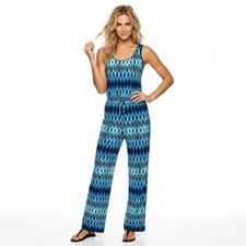 Calvin Klein Blue Geo Print Wide Leg Drawstring Waist Jumpsuit 8 New
