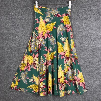 Effies Heart Floral A Line Midi skirt Women's Size M Green Yellow Pink Pockets