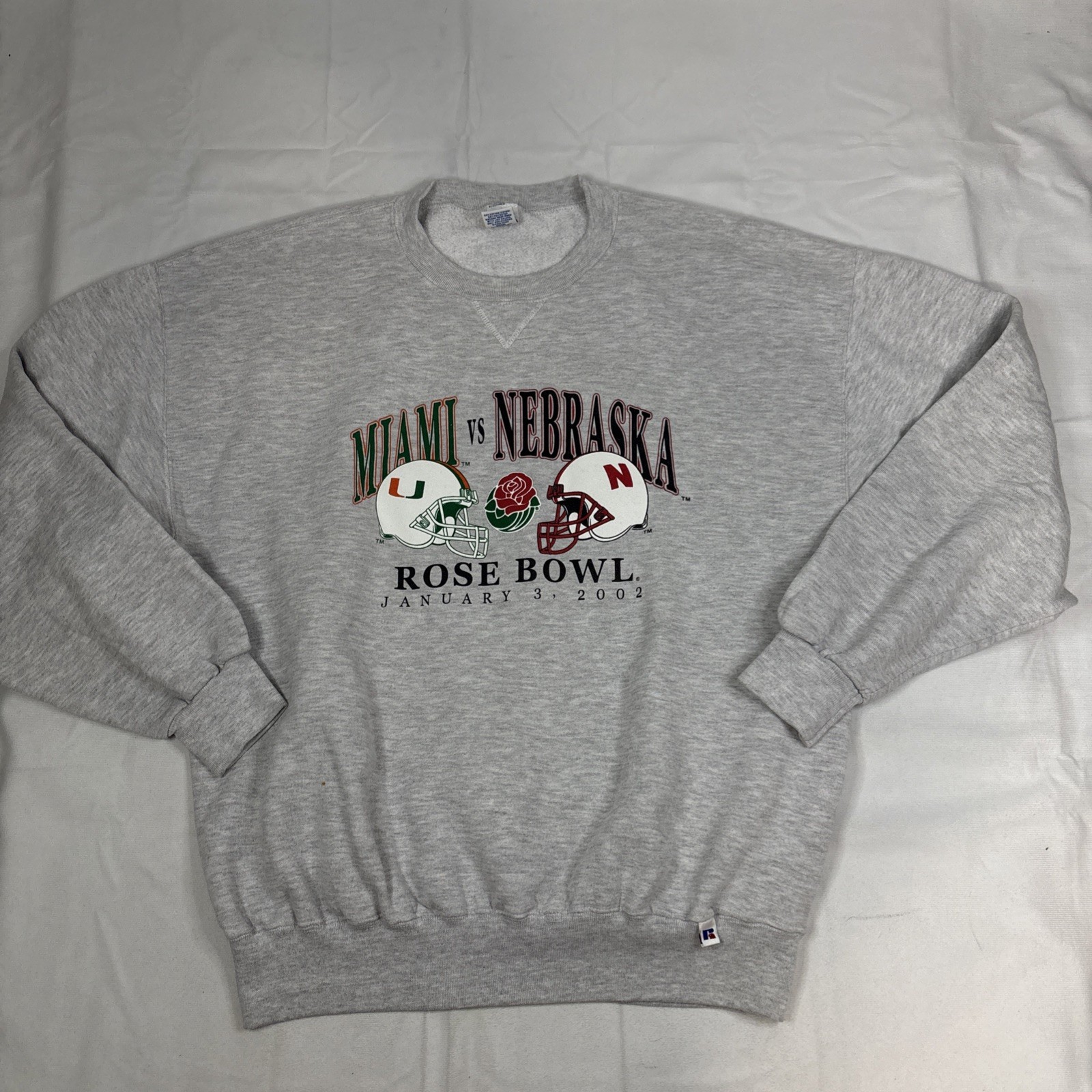 Russell Athletic Men's XL Gray Crewneck Pullover 2002 Rose Bowl Miami Nebraska