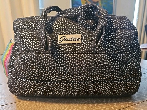 Justice Black & Silver Star Print Quilted Duffle Bag Rainbow Strap