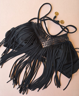 Luli Fama Heart Of A Hippie Weave Fringed Halter Bikini Top Black Size XS NWOT