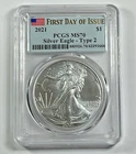2021 American Silver Eagle 1 oz PCGS MS70 First Day Of Issue Type 2 Flag Label