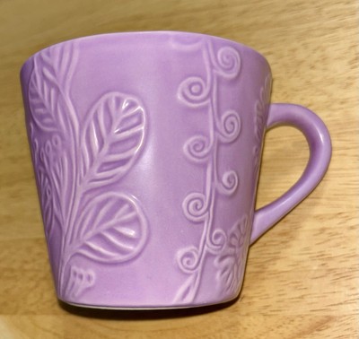 Purple Pottery Mug Cup Botanical Leaves Vines Plants Handmade Large EUC